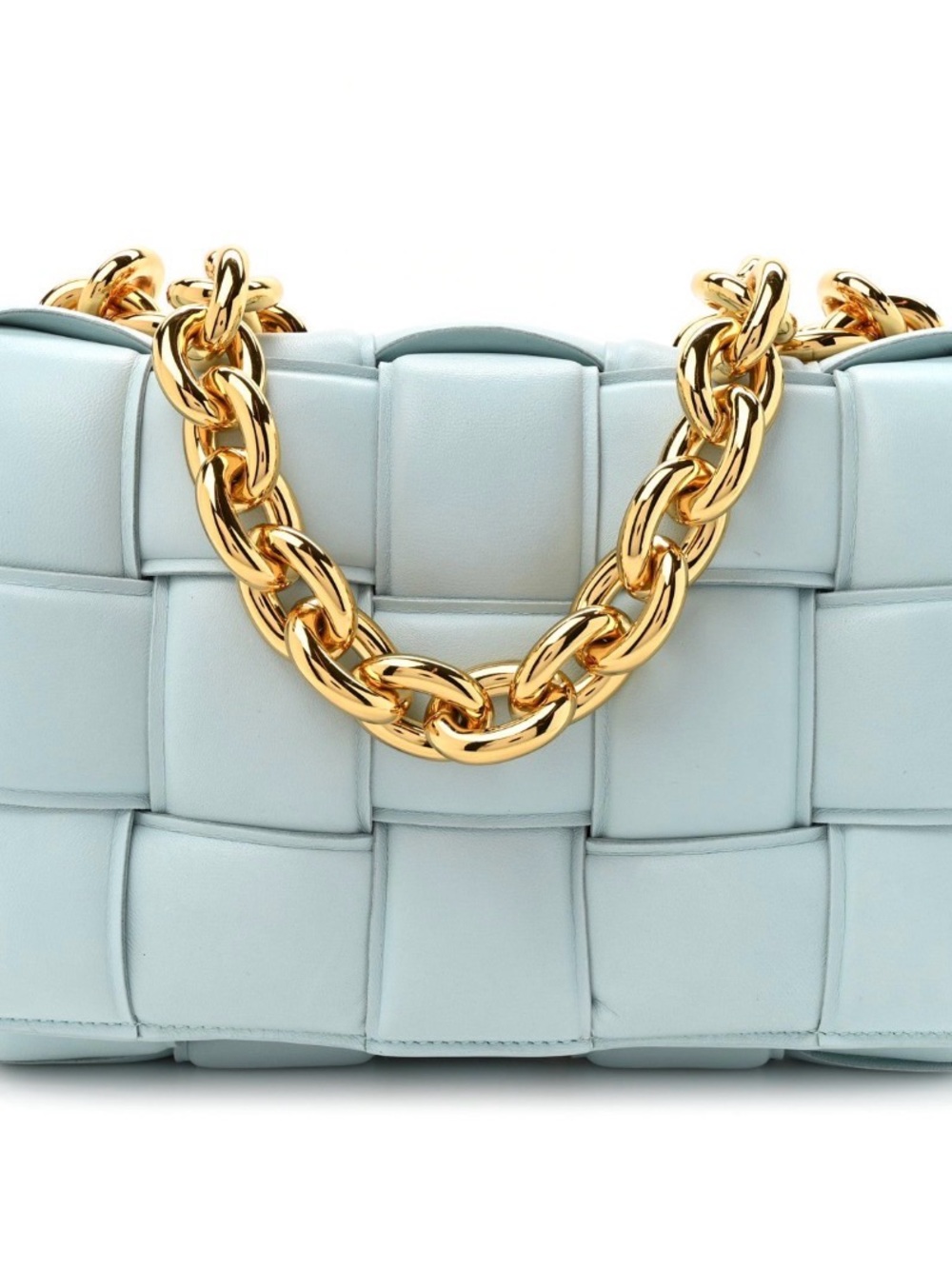 Bottega Veneta Padded Intrecciato Shoulder Bag in Light Blue with Gold Chain